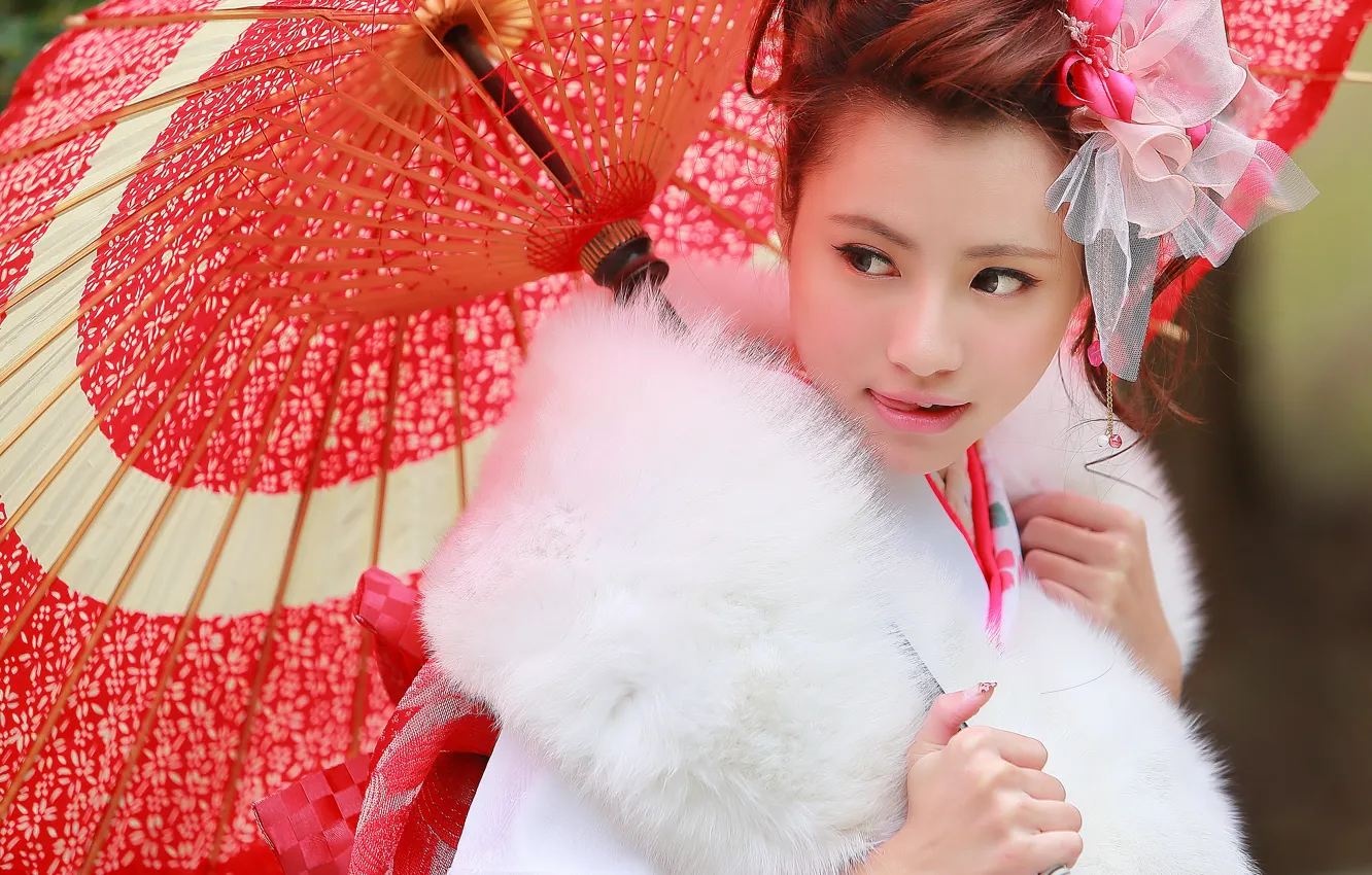 Фото обои лицо, стиль, зонтик, мех, азиатка