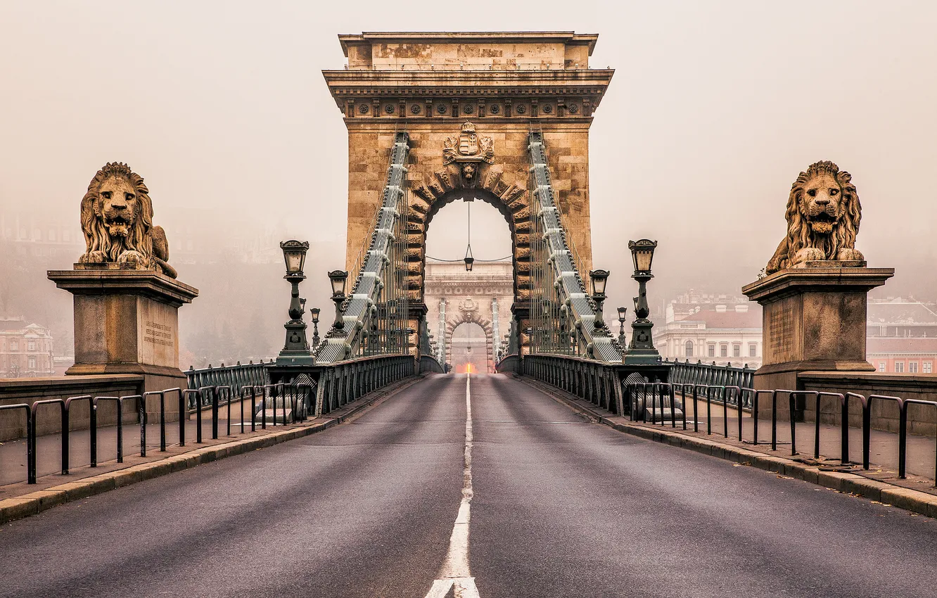 Фото обои дорога, город, туман, утро, львы, скульптуры, Венгрия, Будапешт