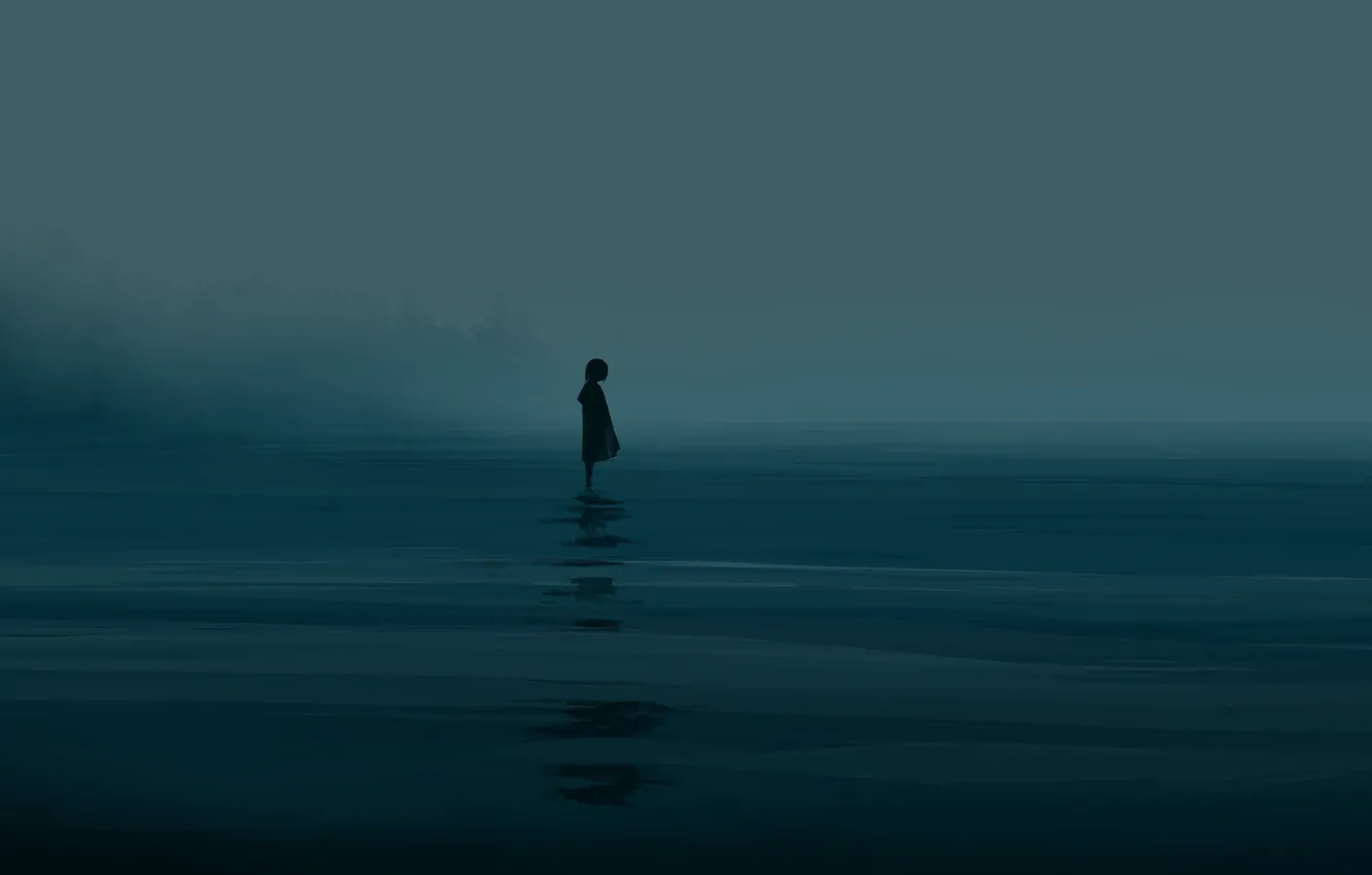 Фото обои море, туман, девочка, сумерки, постапокалипсис
