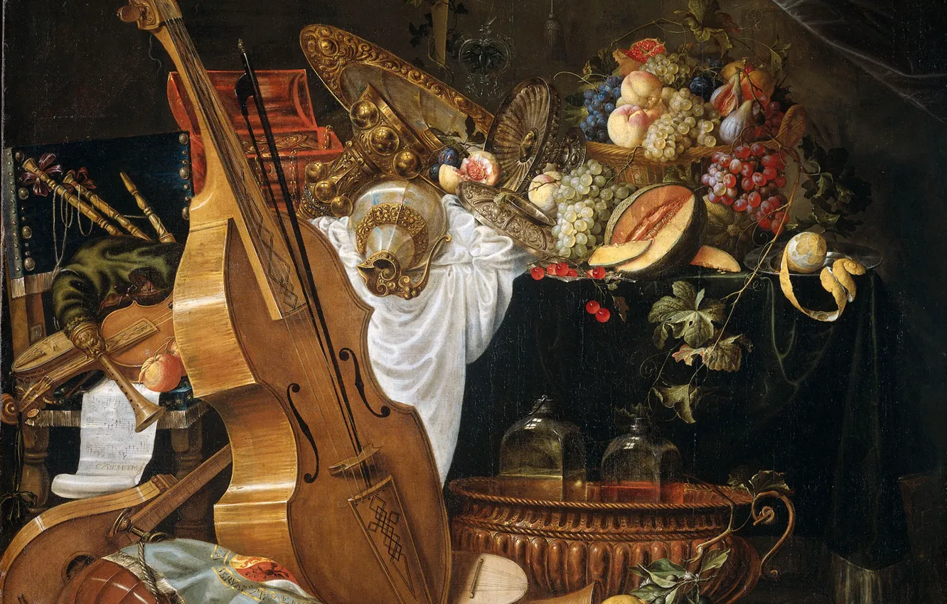 Фото обои картина, фрукты, Натюрморт, музыкальные инструменты, Корнелис де Хем