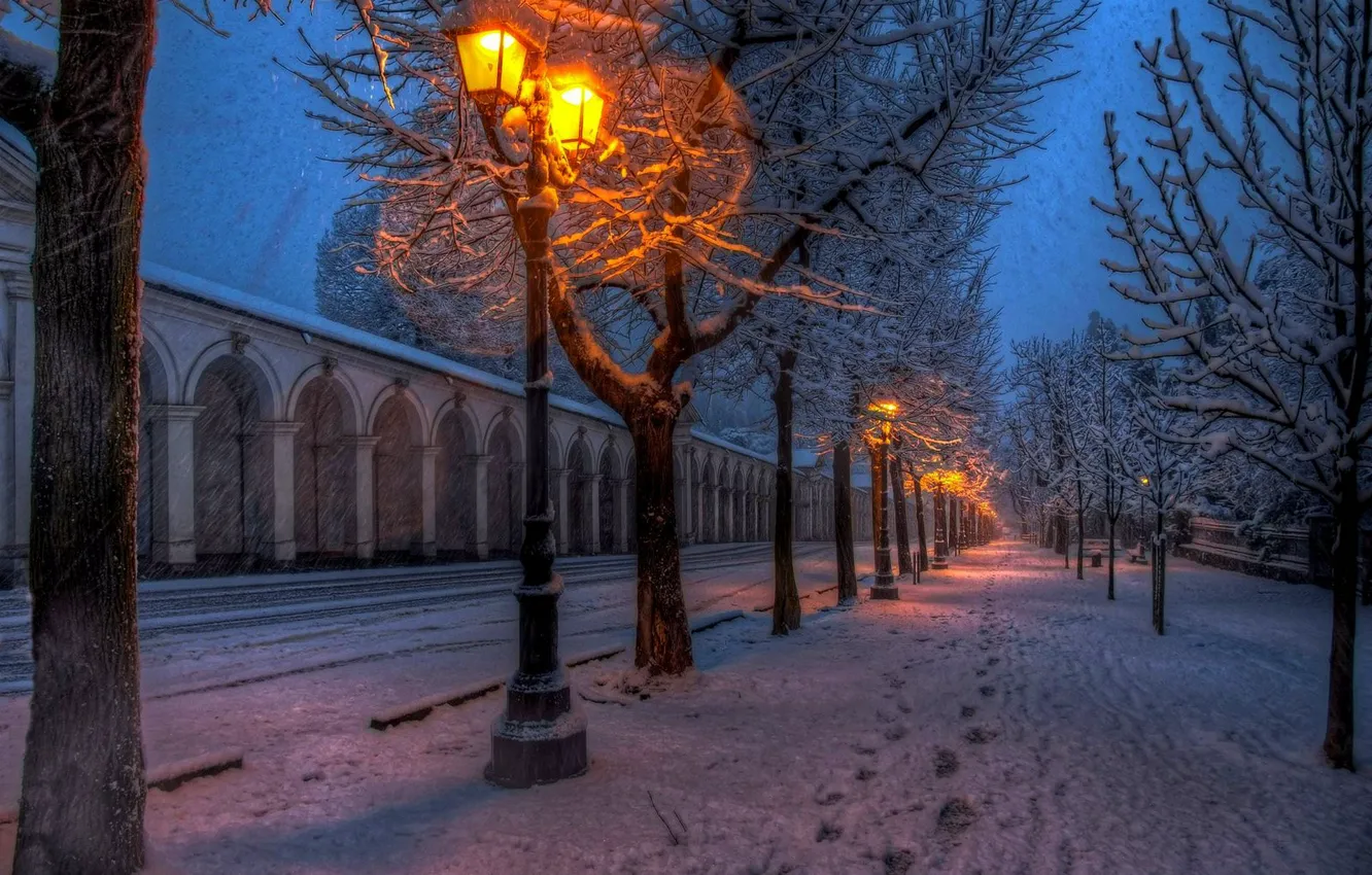 Фото обои зима, дорога, снег, деревья, природа, lights, парк, путь