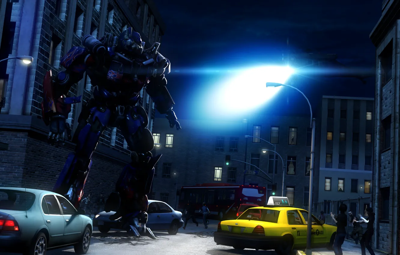 Фото обои свет, ночь, город, улица, робот, вертолет, пришелец, Transformers