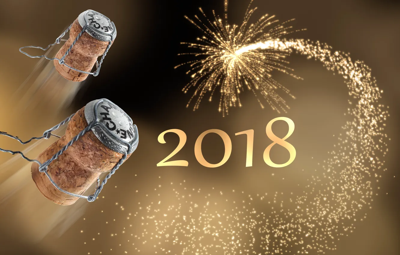 Фото обои украшения, ночь, Новый Год, бокалы, шампанское, 2018, New Year, decoration