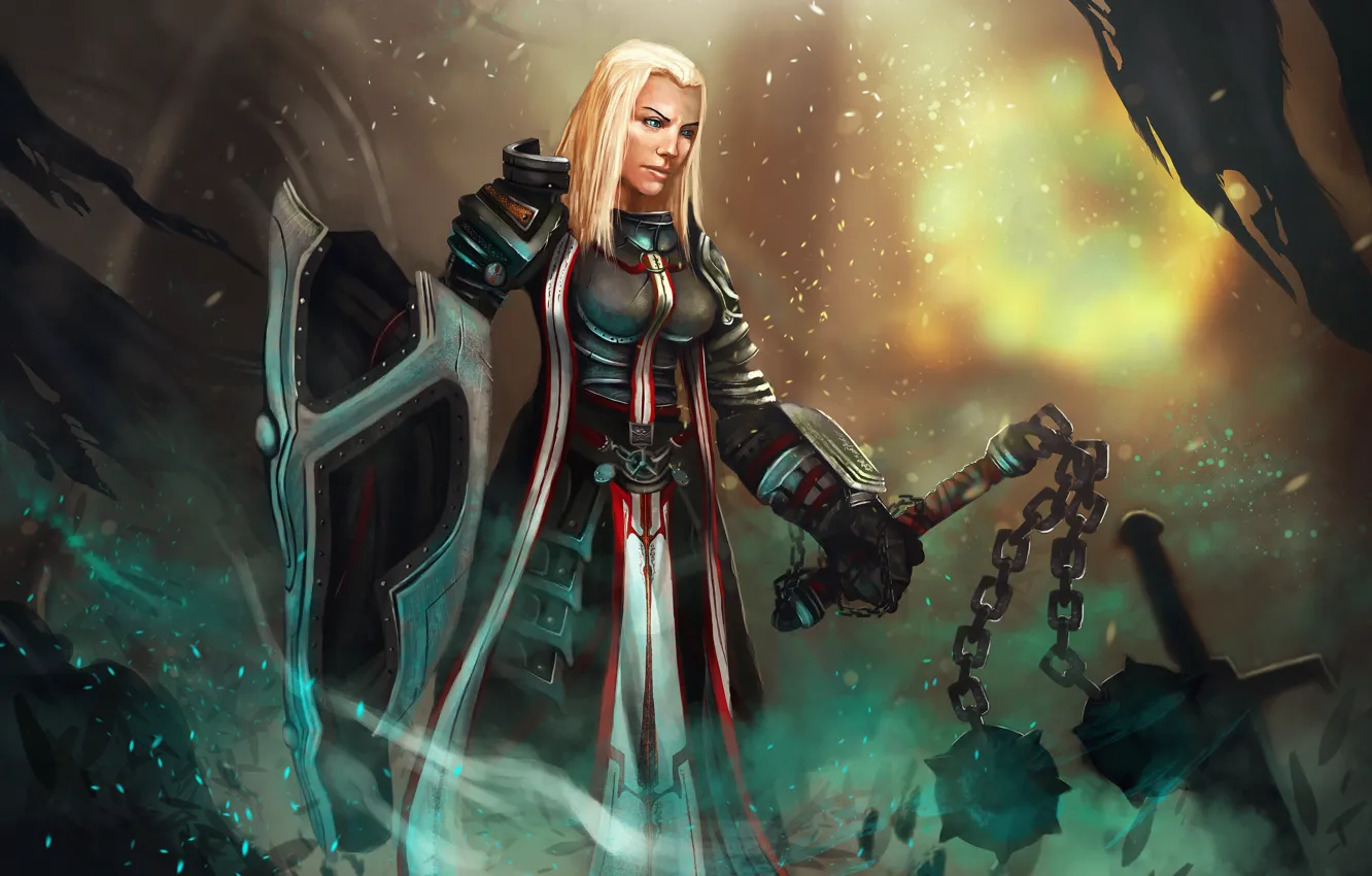 Фото обои девушка, оружие, меч, арт, щит, Diablo III, знамёна, Reaper of Souls