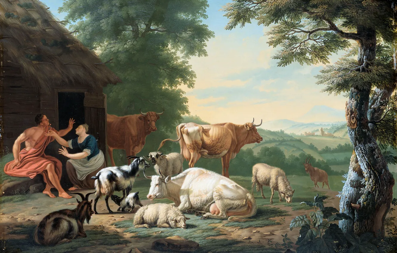 Фото обои животные, масло, картина, Аркадский Пейзаж с Пастухами и Коровами, Ян ван Гул