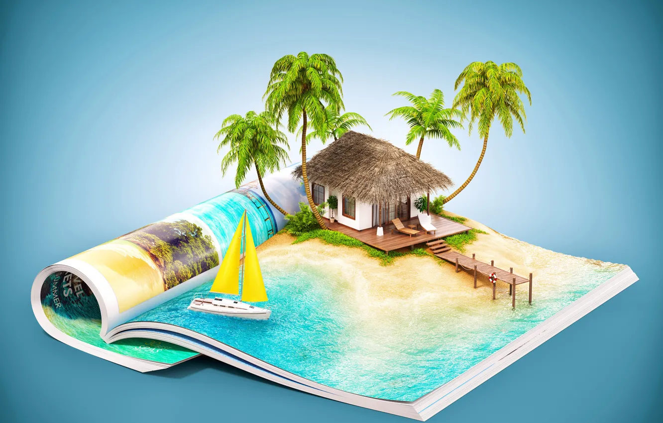 Фото обои море, солнце, дом, тропики, пальмы, креатив, фон, остров
