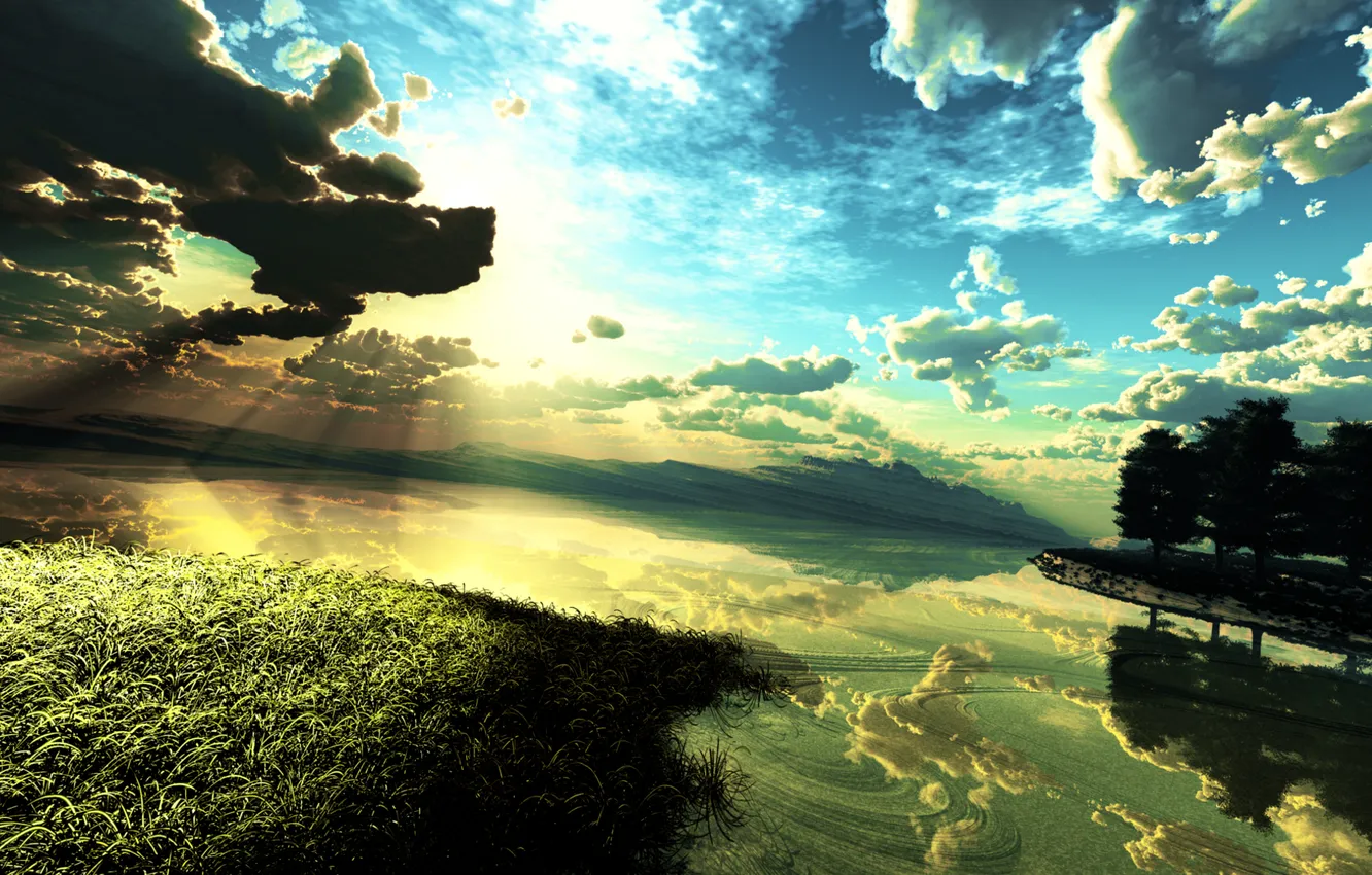 Фото обои небо, трава, вода, солнце, облака, деревья, закат, горы