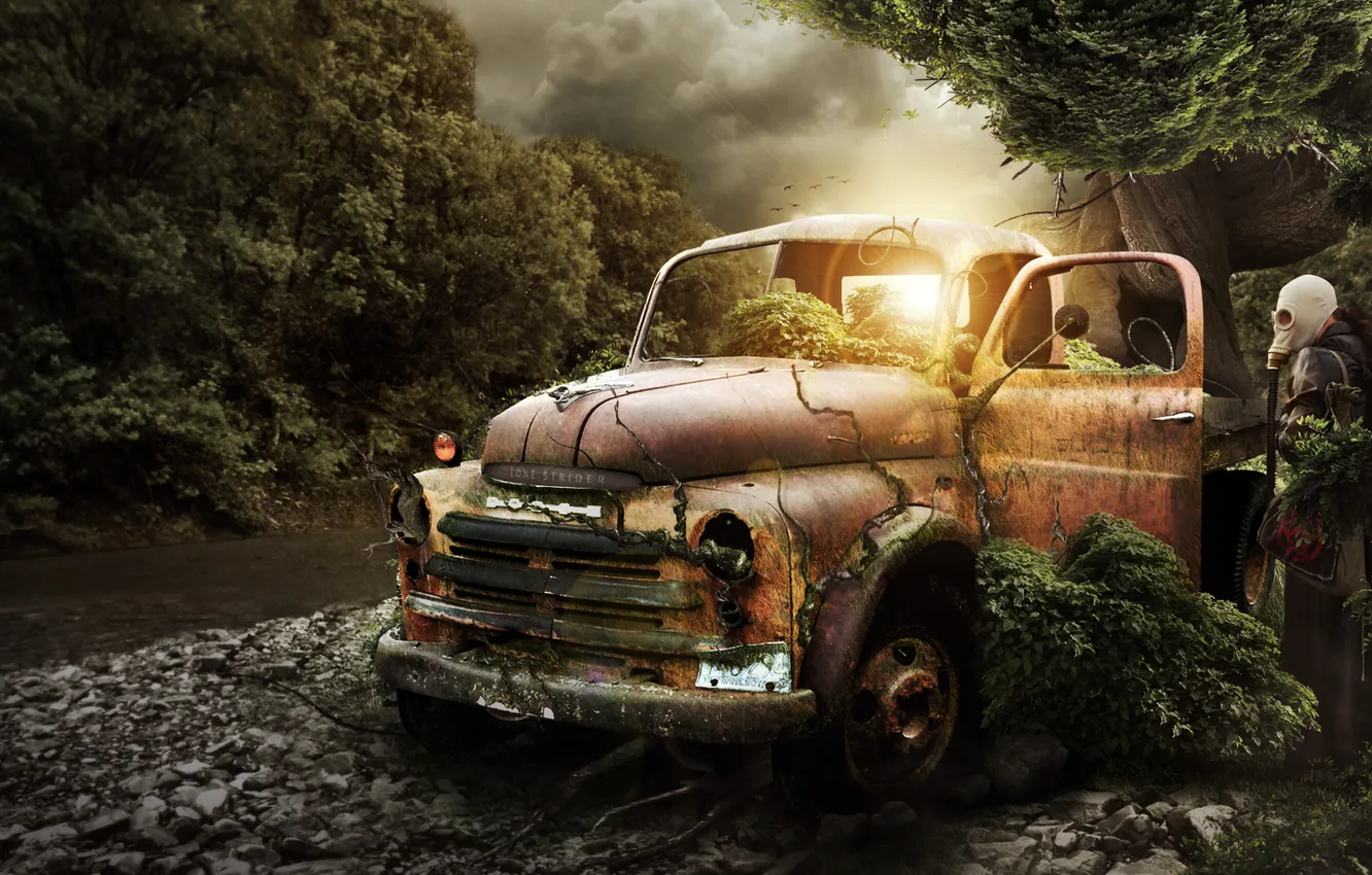 Фото обои машина, лес, деревья, человек, постапокалипсис