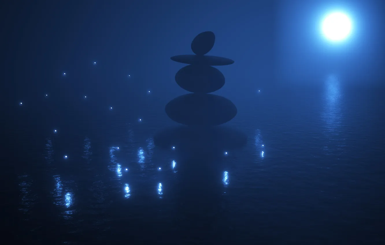Фото обои море, светлячки, яркая луна, китайские камни