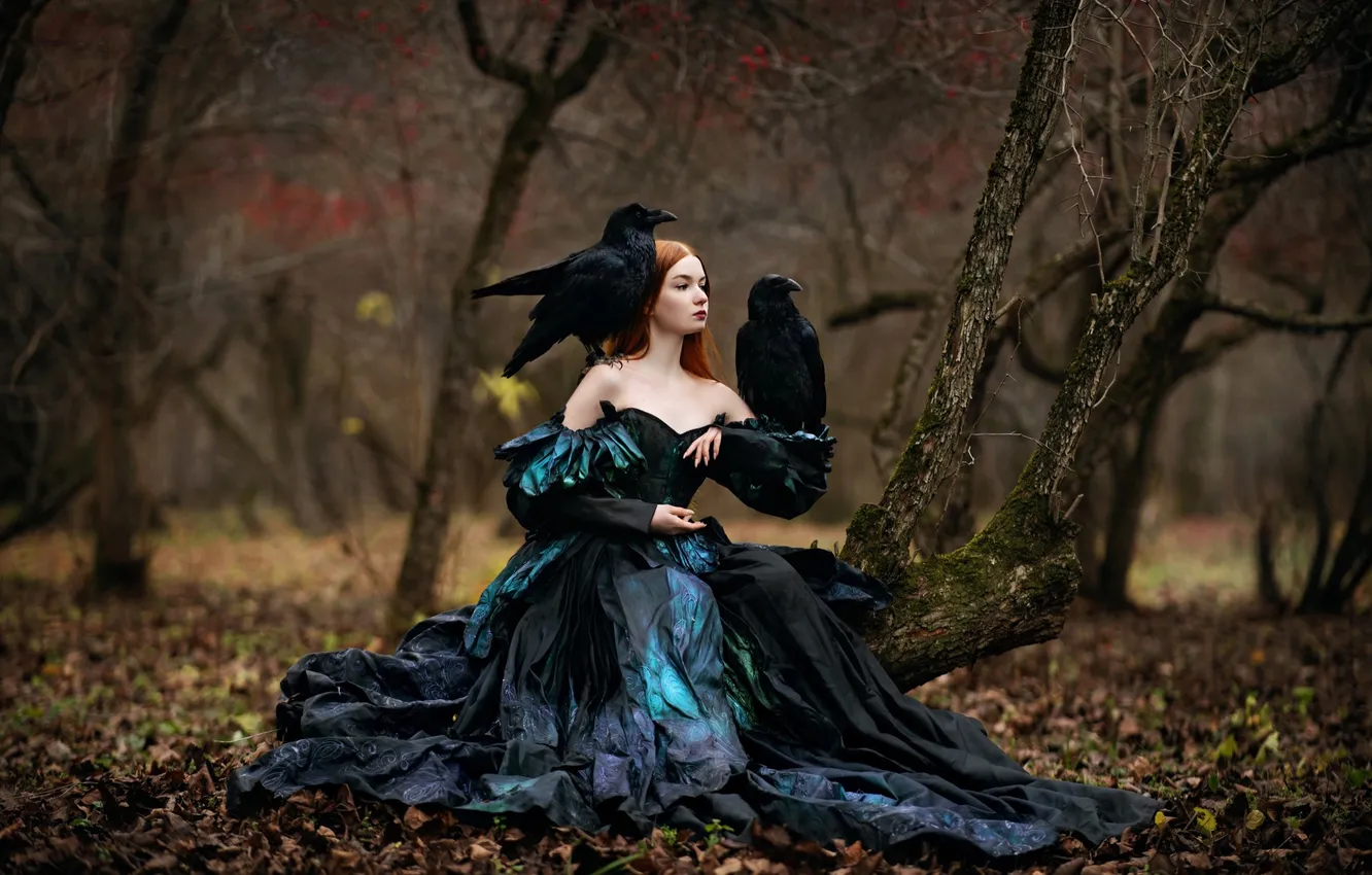Фото обои лес, девушка, птицы, природа, поза, стиль, костюм, наряд