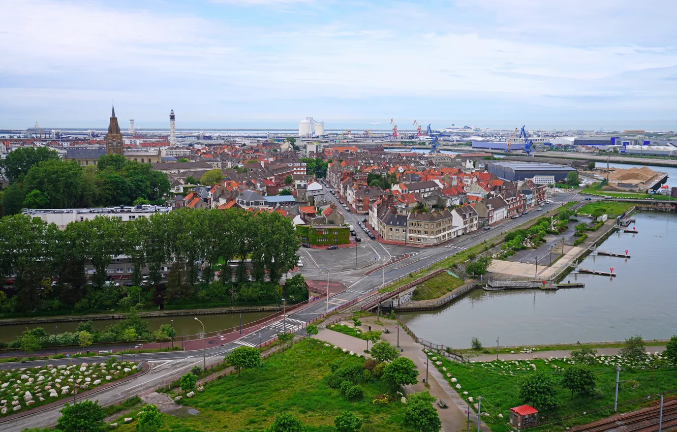 Фото обои Франция, Дома, Город, Улица, Сверху, Реки, Calais