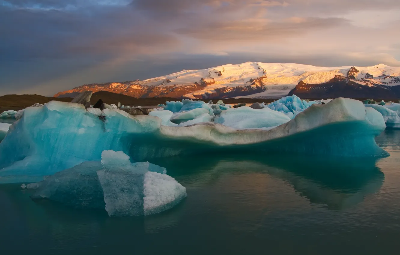 Фото обои снег, горы, залив, Исландия, айсберги