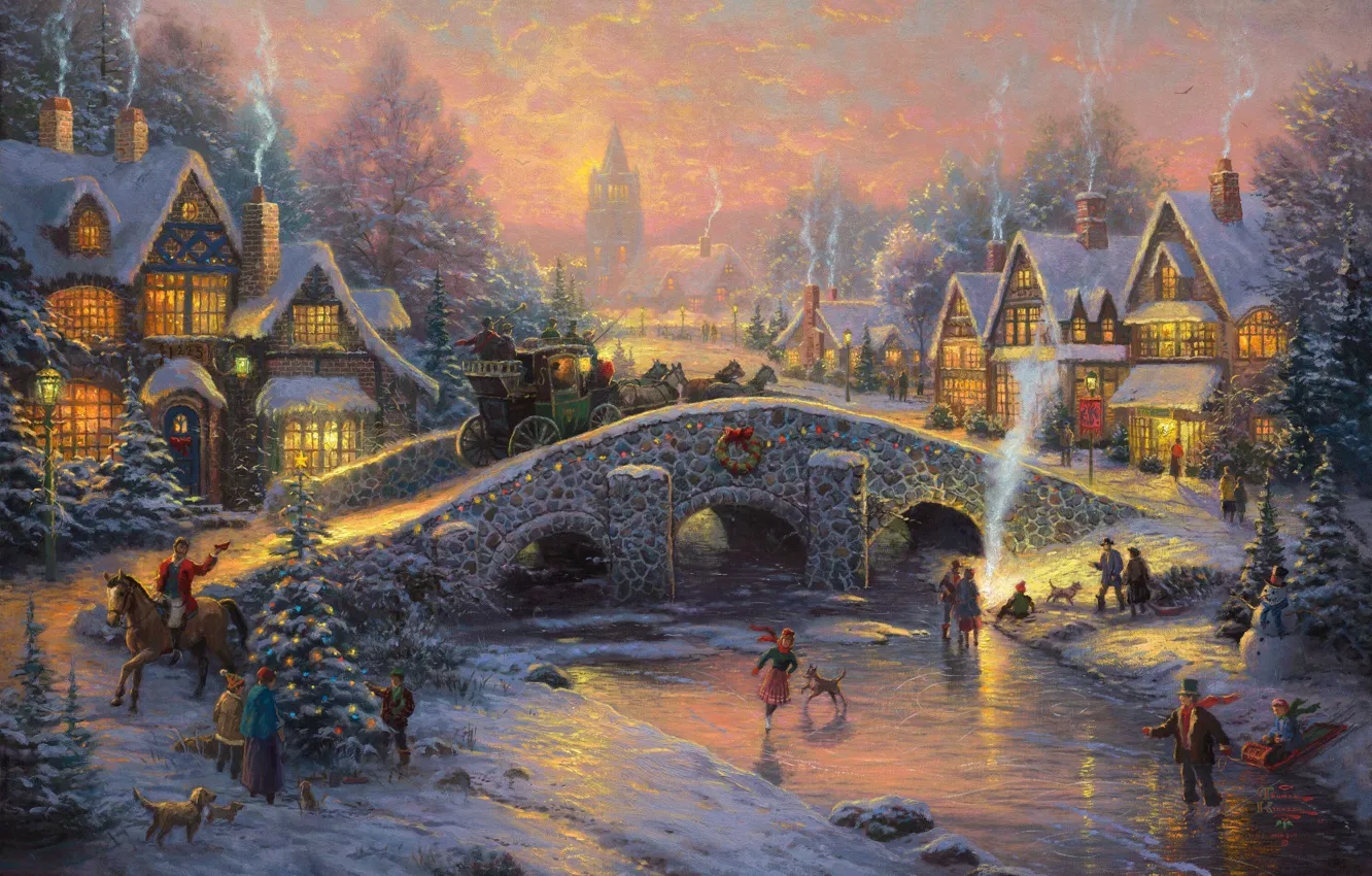 Фото обои bridge, snow, village, dogs, wagon, Thomas Kinkade, snowman, christmas tree