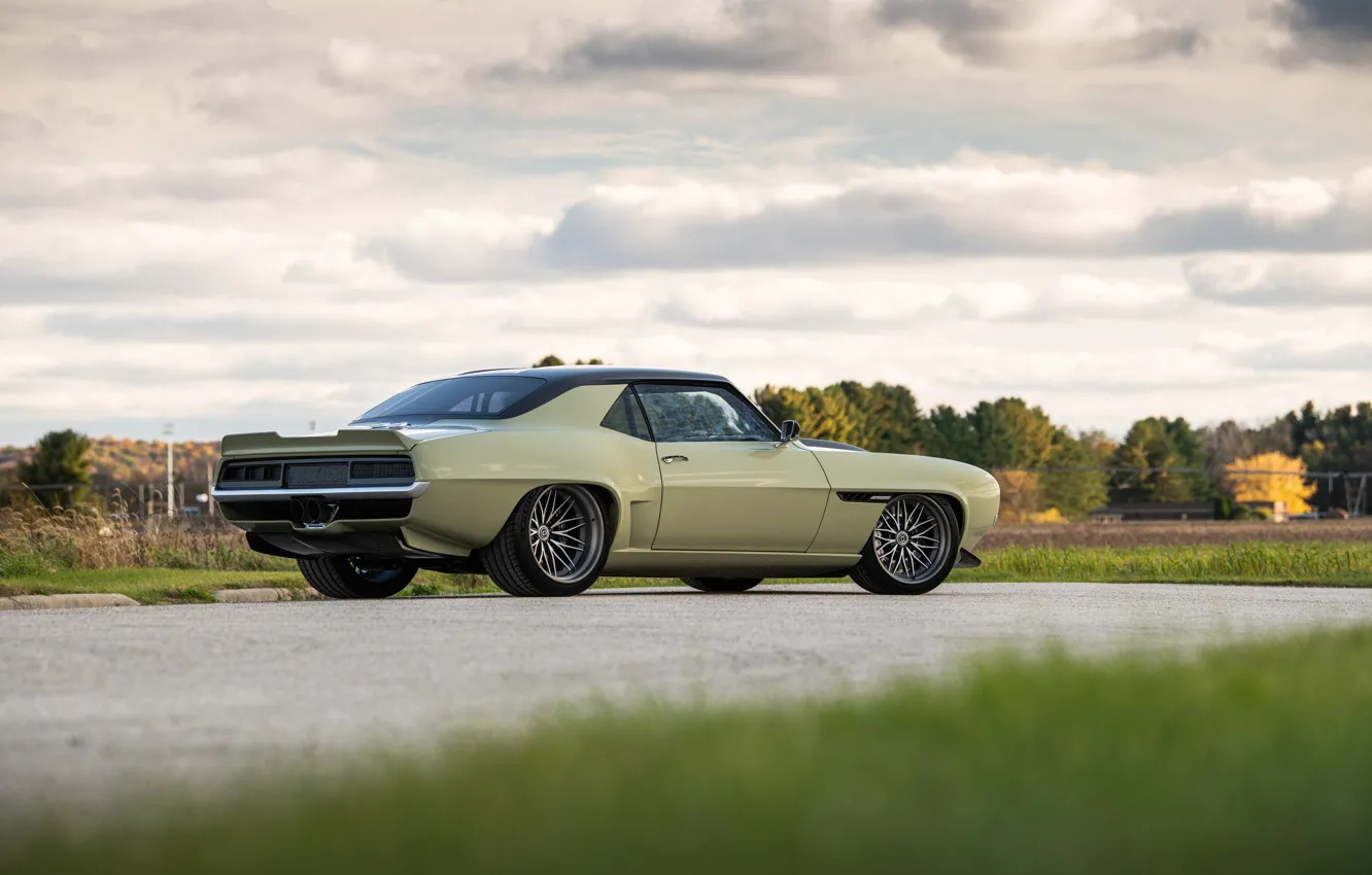 Фото обои Дорога, Трава, Деревья, Chevrolet, Колеса, 1969, Camaro, Диски