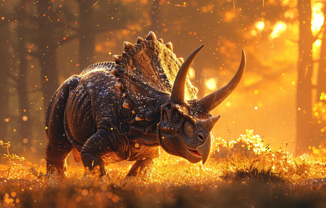 Фото обои Деревья, Рассвет, Динозавр, Рога, Triceratops, Животное, Цифровое искусство, Трицератопс