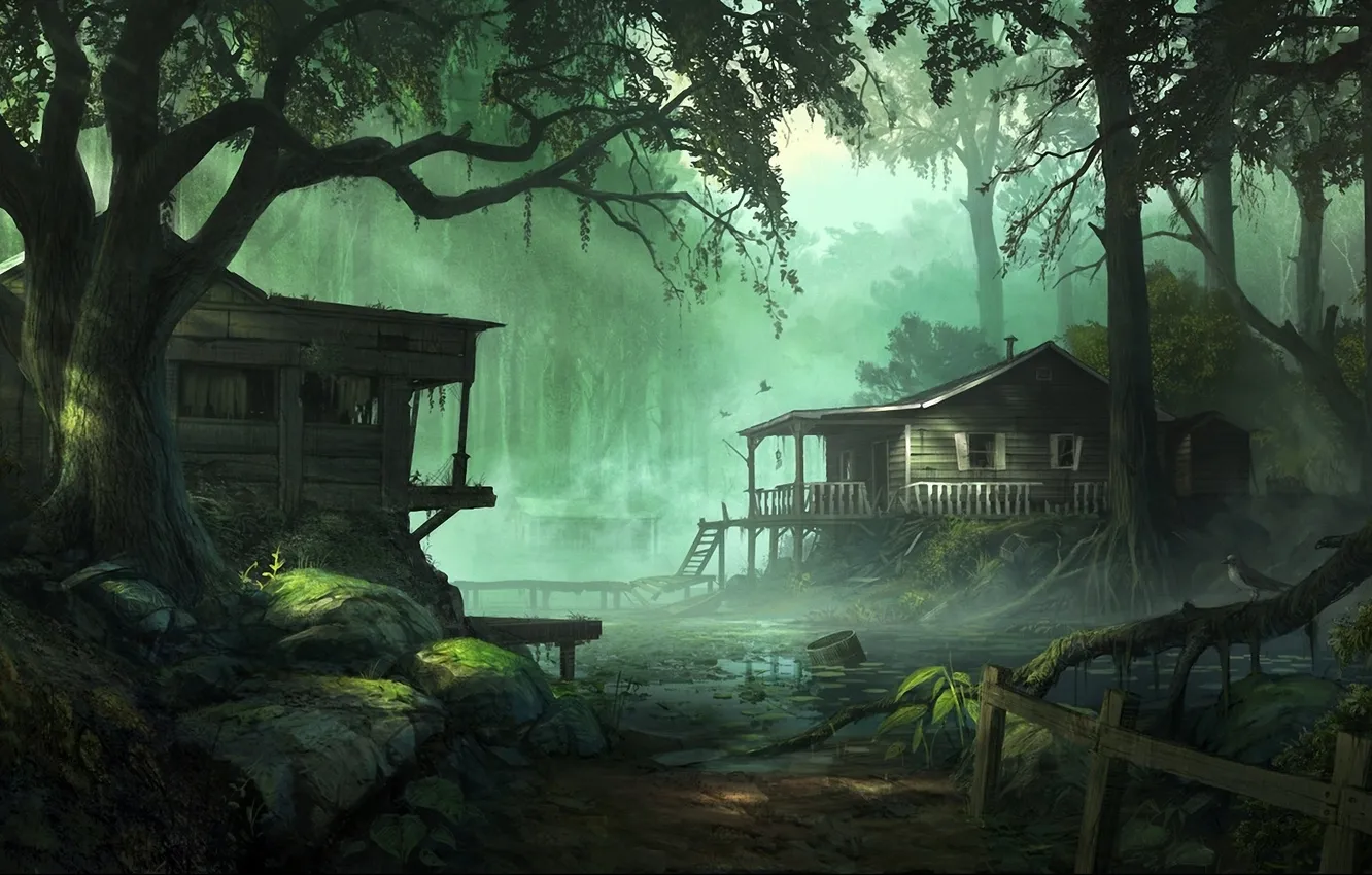 Фото обои деревья, туман, болото, дома, арт, домики, andreewallin