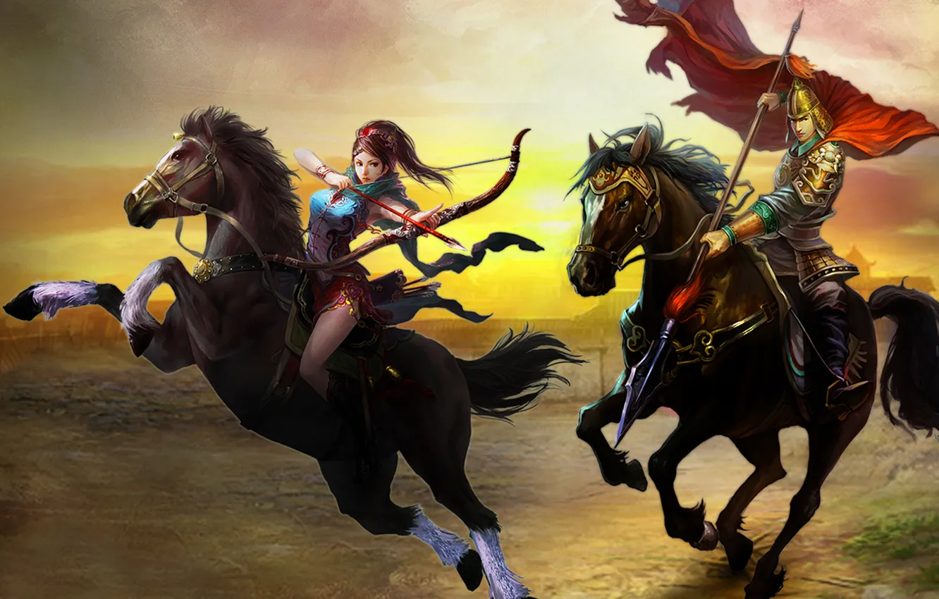 Фото обои поле, девушка, закат, всадница, флаг, лошади, лук, копье