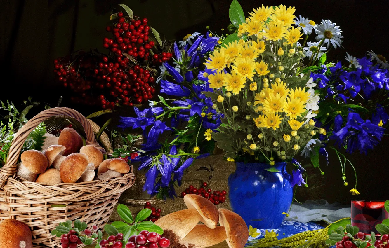 Фото обои цветы, ягоды, букет, Грибы, натюрморт