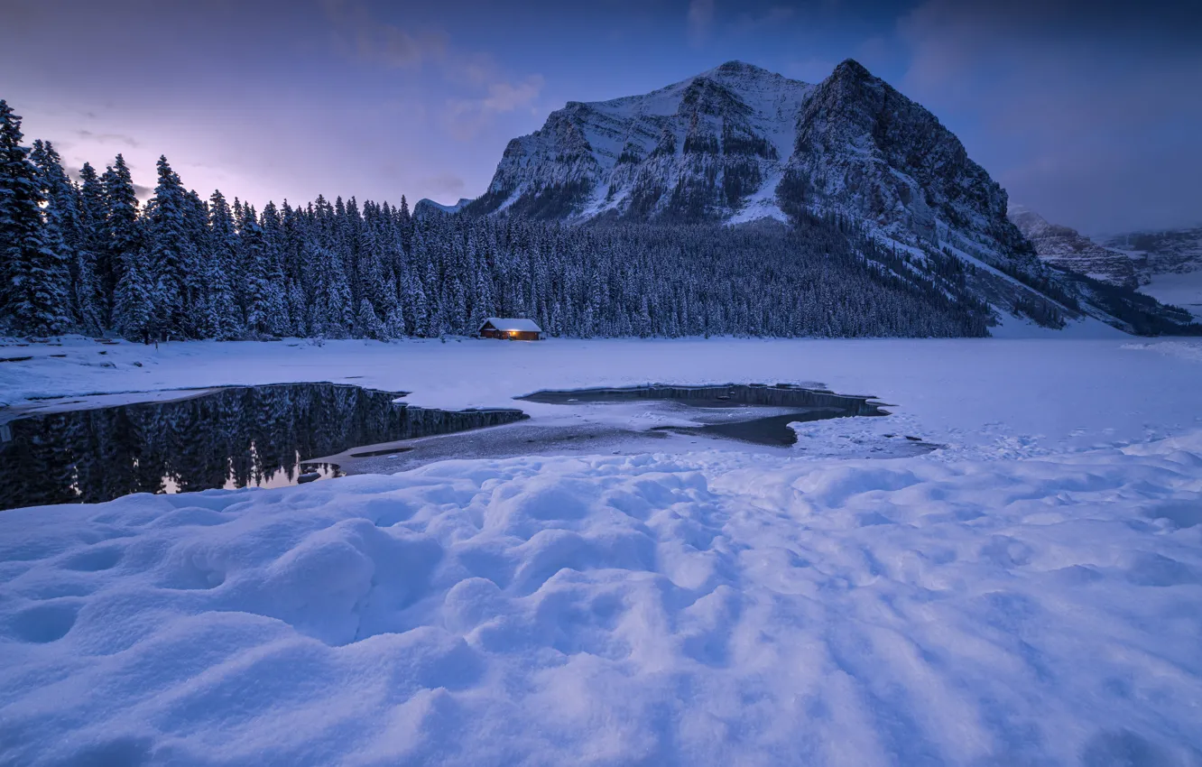 Фото обои зима, лес, снег, горы, отражение, Канада, сугробы, Альберта
