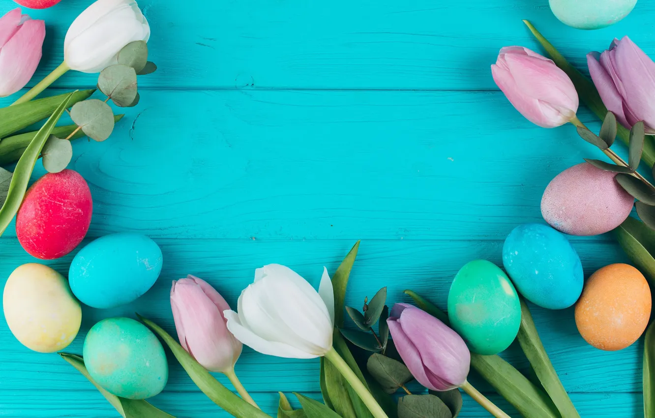 Фото обои цветы, яйца, весна, Пасха, тюльпаны, easter
