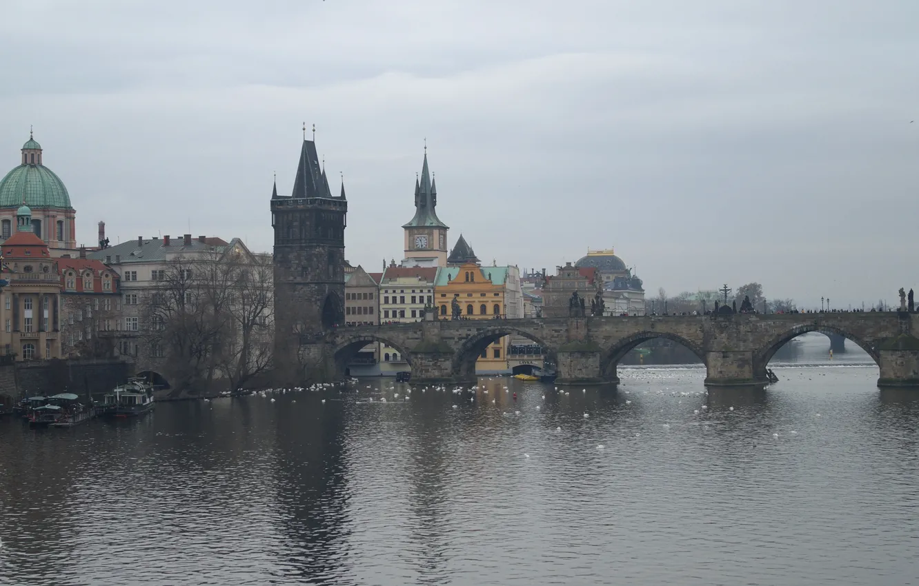 Фото обои река, башня, Прага, Чехия, Влтава, Карлов мост