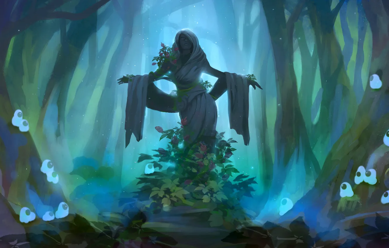 Фото обои лес, девушка, цветы, мрак, Скульптура, запустение