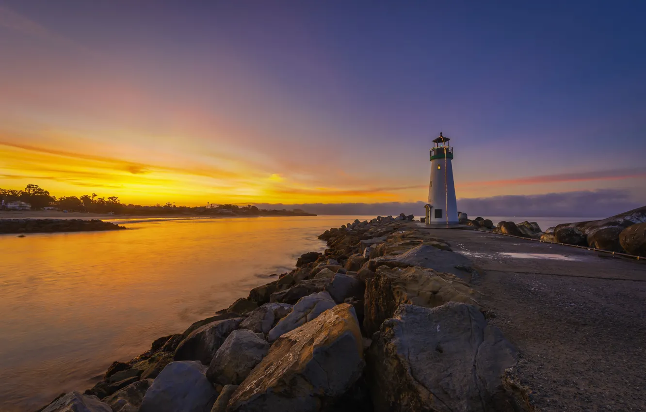 Фото обои пейзаж, природа, камни, океан, рассвет, маяк, утро, Калифорния