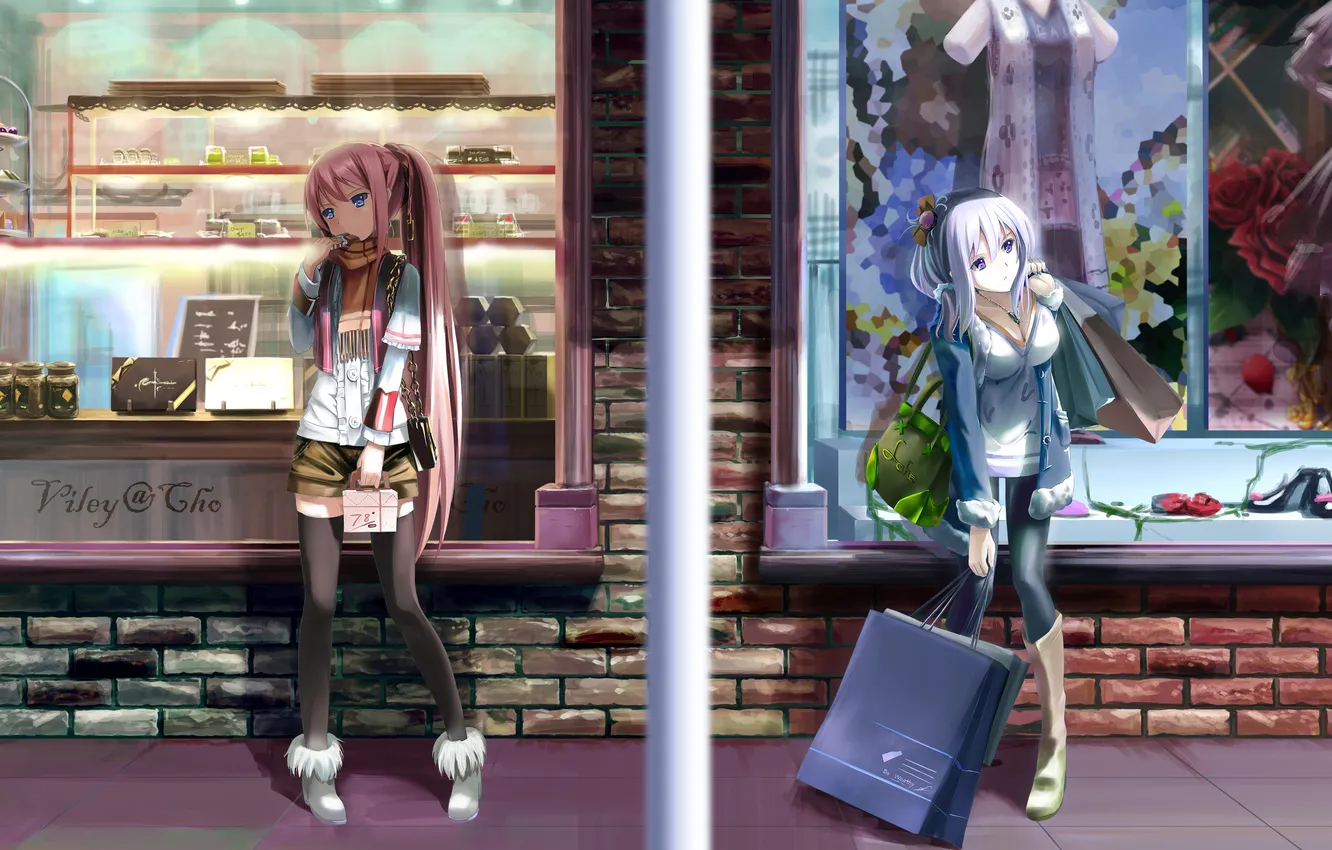Фото обои девушки, улица, недовольство, art, магазины, пакеты, kyaro