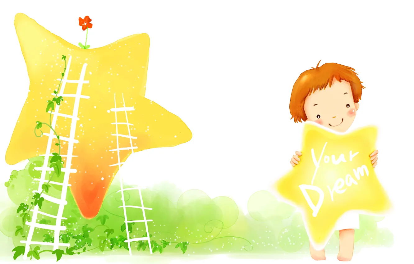 Фото обои цветок, трава, улыбка, звезда, рыжий, лесенки, ребёнок, детские обои