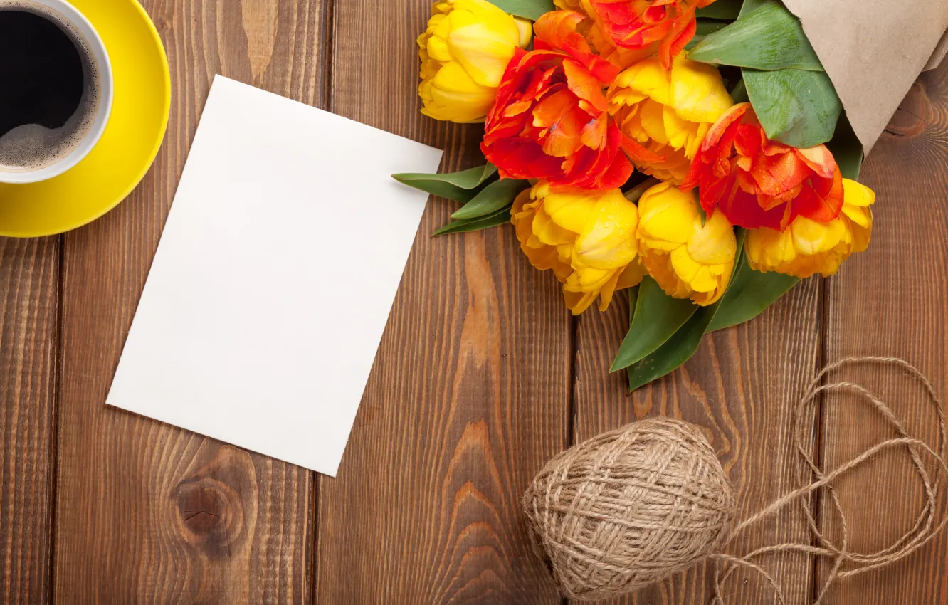 Фото обои кофе, букет, colorful, тюльпаны, yellow, flowers, cup, tulips