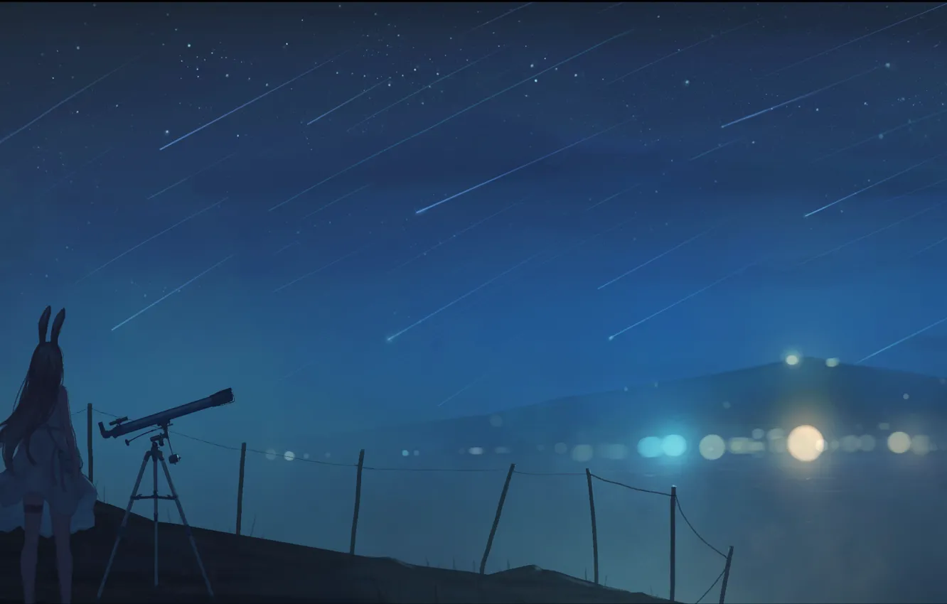 Фото обои девушка, горы, ночь, телескоп, ушки, боке, звездопад