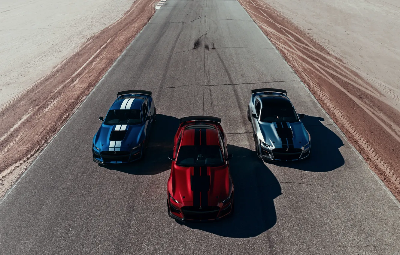 Фото обои синий, Mustang, Ford, Shelby, GT500, сверху, тройка, кровавый