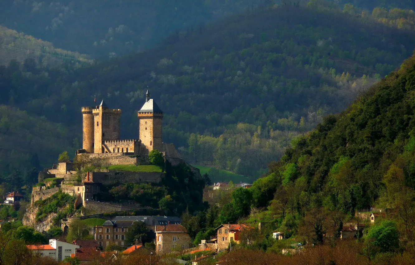 Фото обои горы, город, Франция, крепость, France, Ariège, Château de Foix