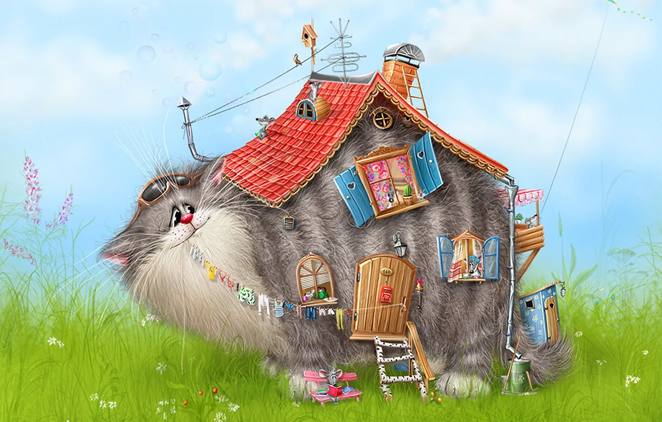 Фото обои дом, рисунок, кошак, Алексей Долотов, мыши