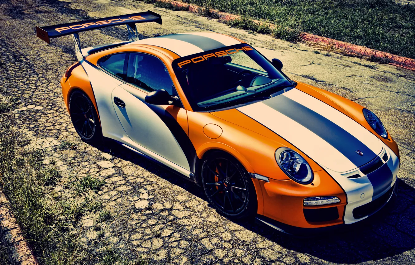 Фото обои оранжевый, 911, Porsche, порше, GT3, orange