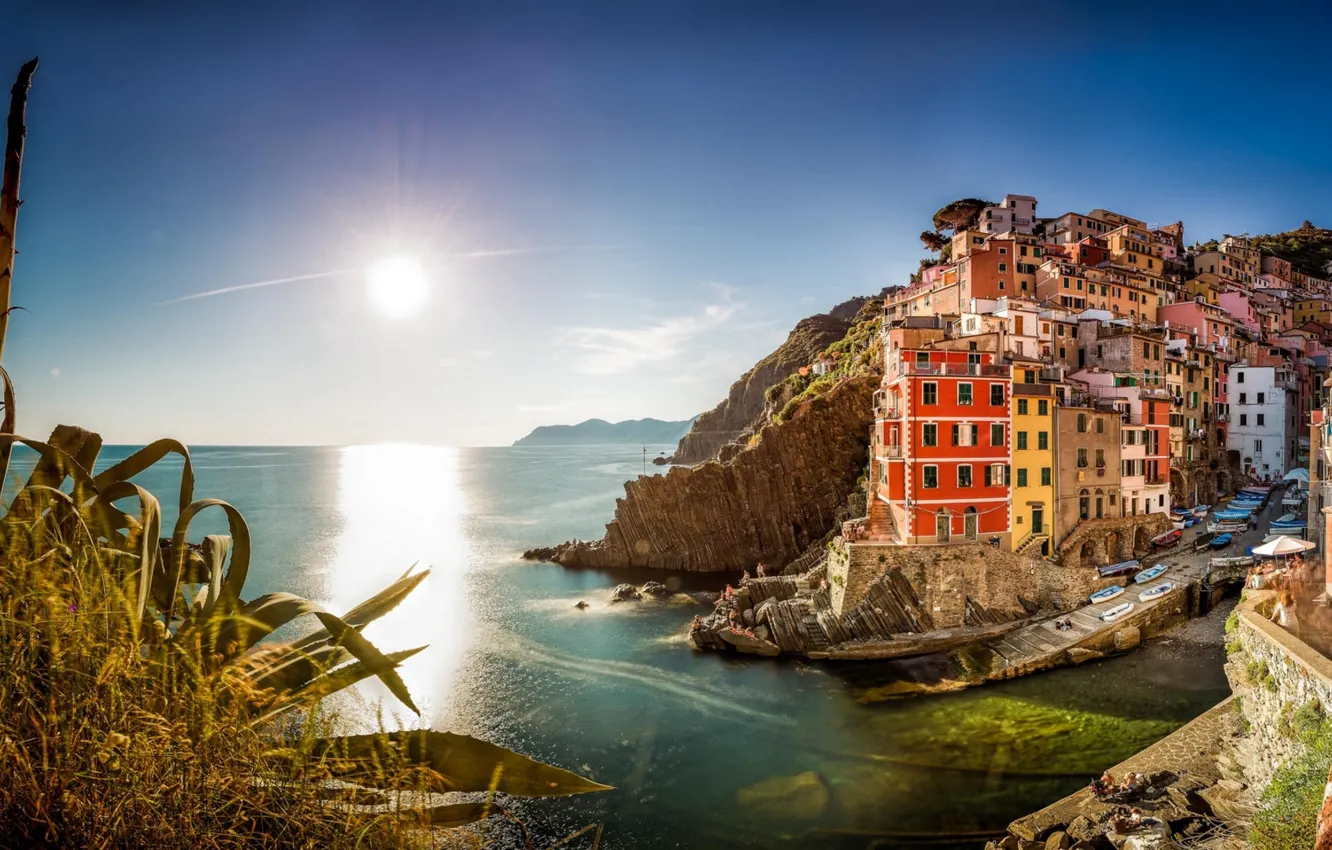 Фото обои море, здания, Италия, панорама, Italy, Лигурийское море, Riomaggiore, Риомаджоре