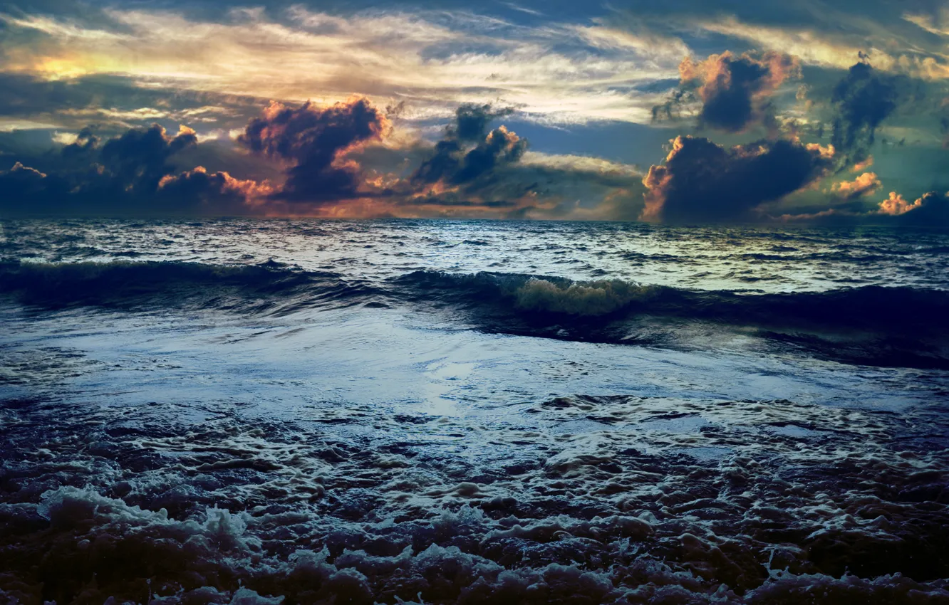 Фото обои море, облака, закат, волна