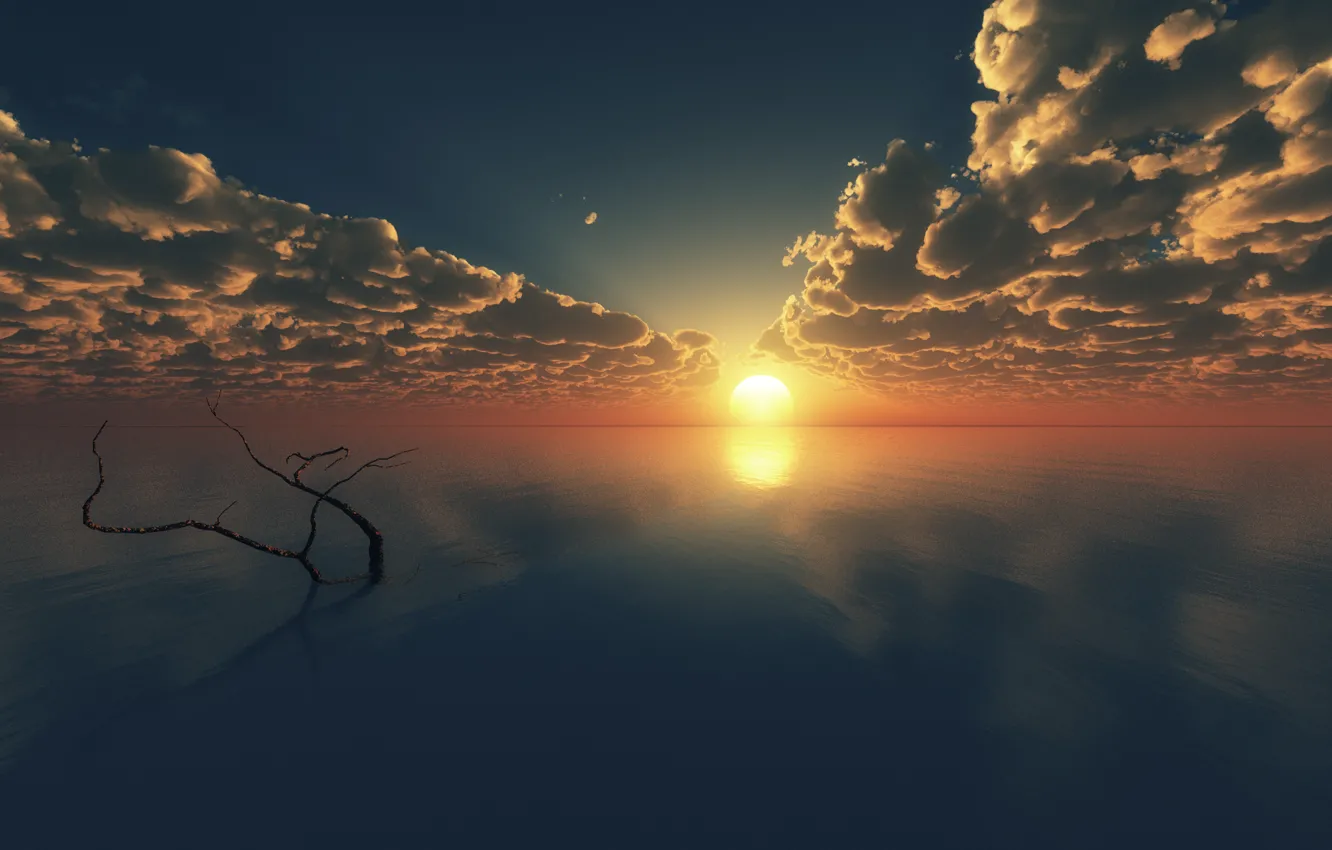 Фото обои море, облака, закат, гладь, дерево, ветка, горизонт, арт