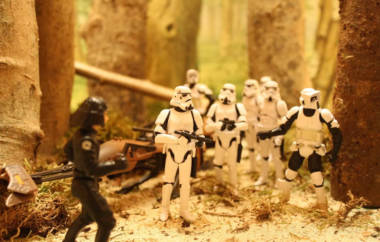 Фото обои лес, борьба, Star Wars, Stormtroopers, Speeder, Endor, Blaster, Death Star Trooper