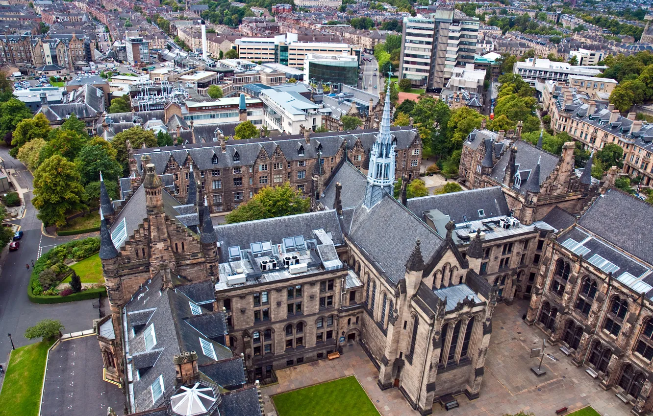 Фото обои дома, Великобритания, архитектура, вид сверху, улицы, Glasgow University