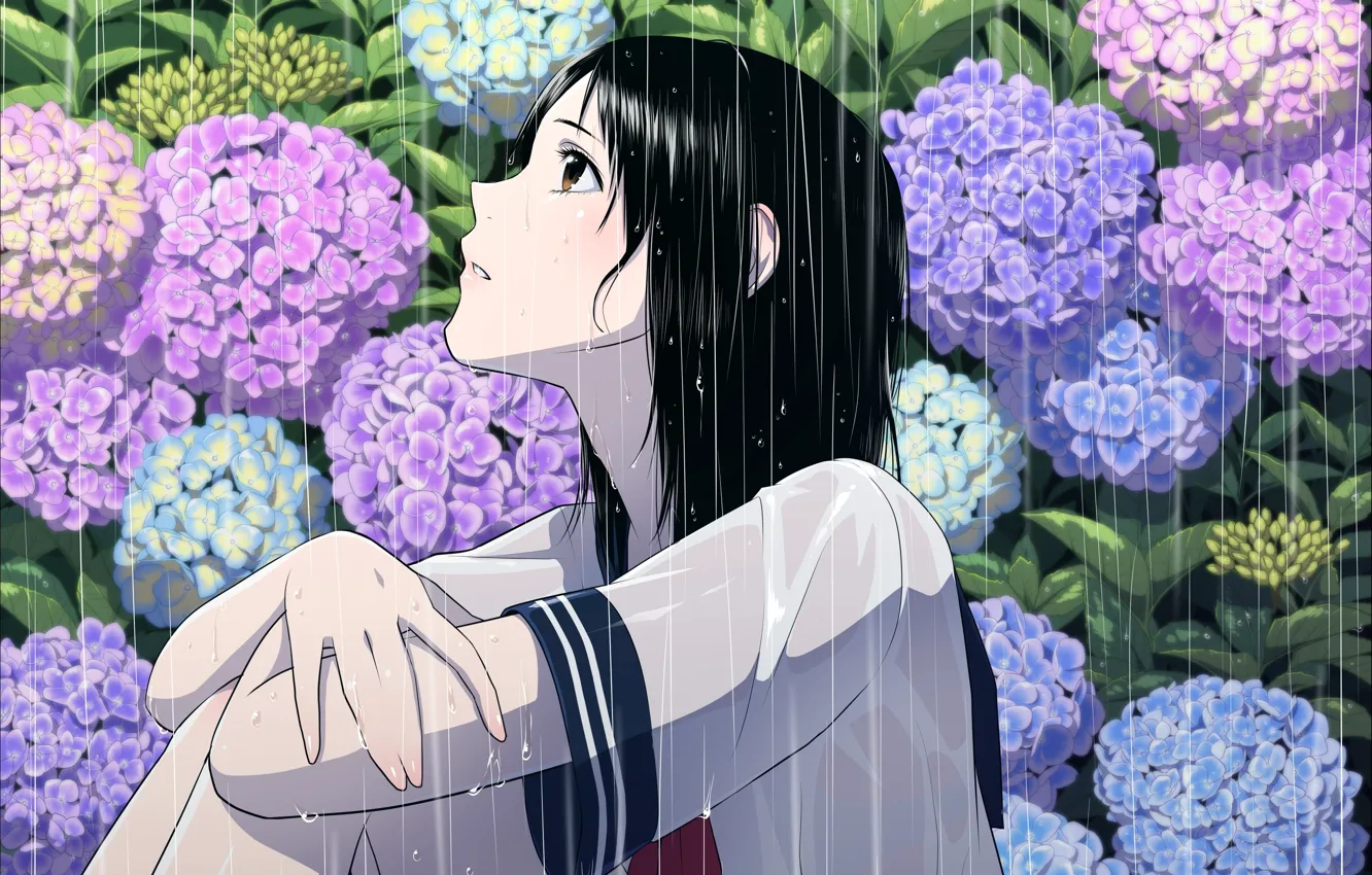 Фото обои девушка, цветы, дождь, аниме, арт