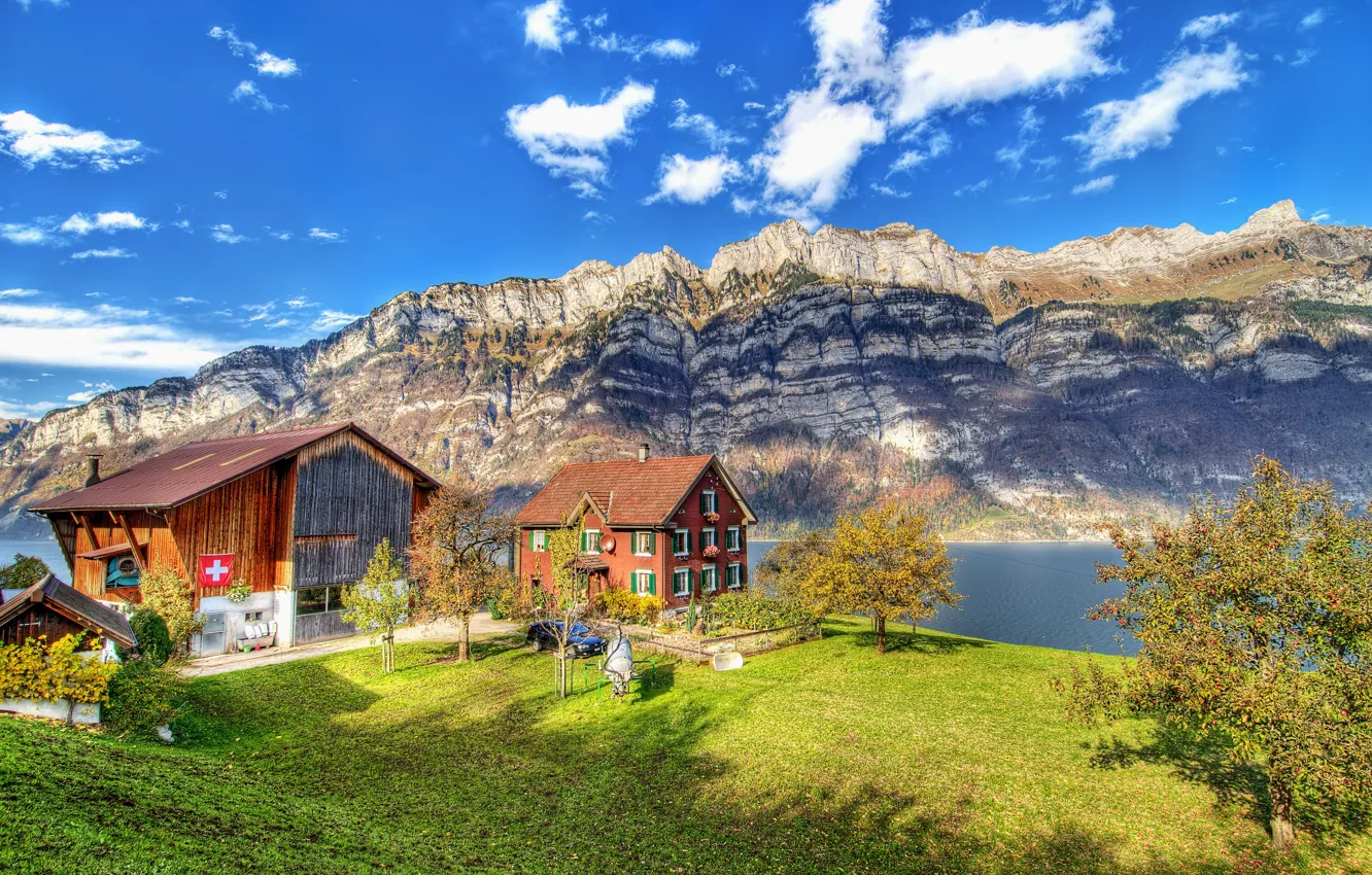 Фото обои горы, река, hdr, Switzerland, швейцария, домик в горах, ultra hd, Läuferberg