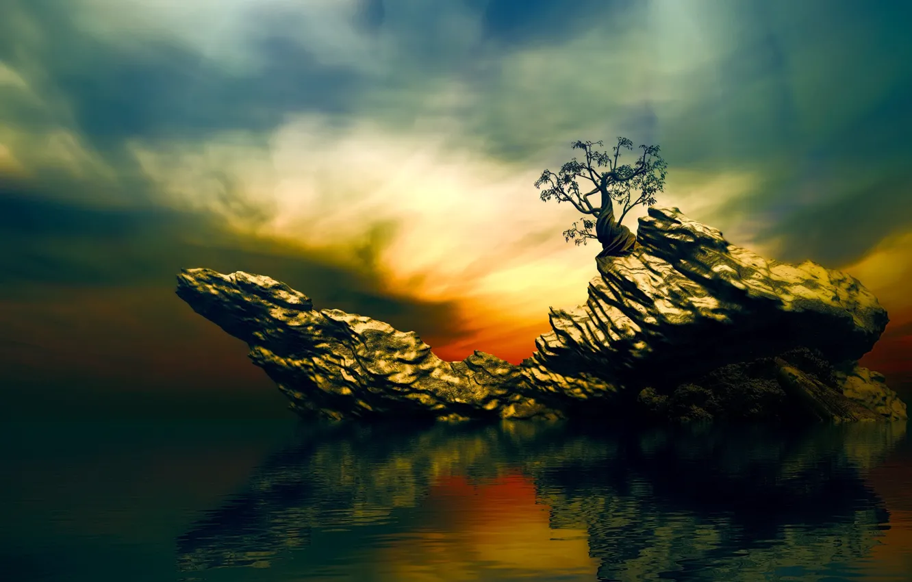 Фото обои небо, деревья, отражение, скалы, lonely tree