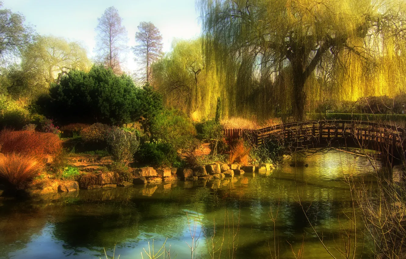 Фото обои осень, небо, деревья, пейзаж, мост, пруд, парк, камни