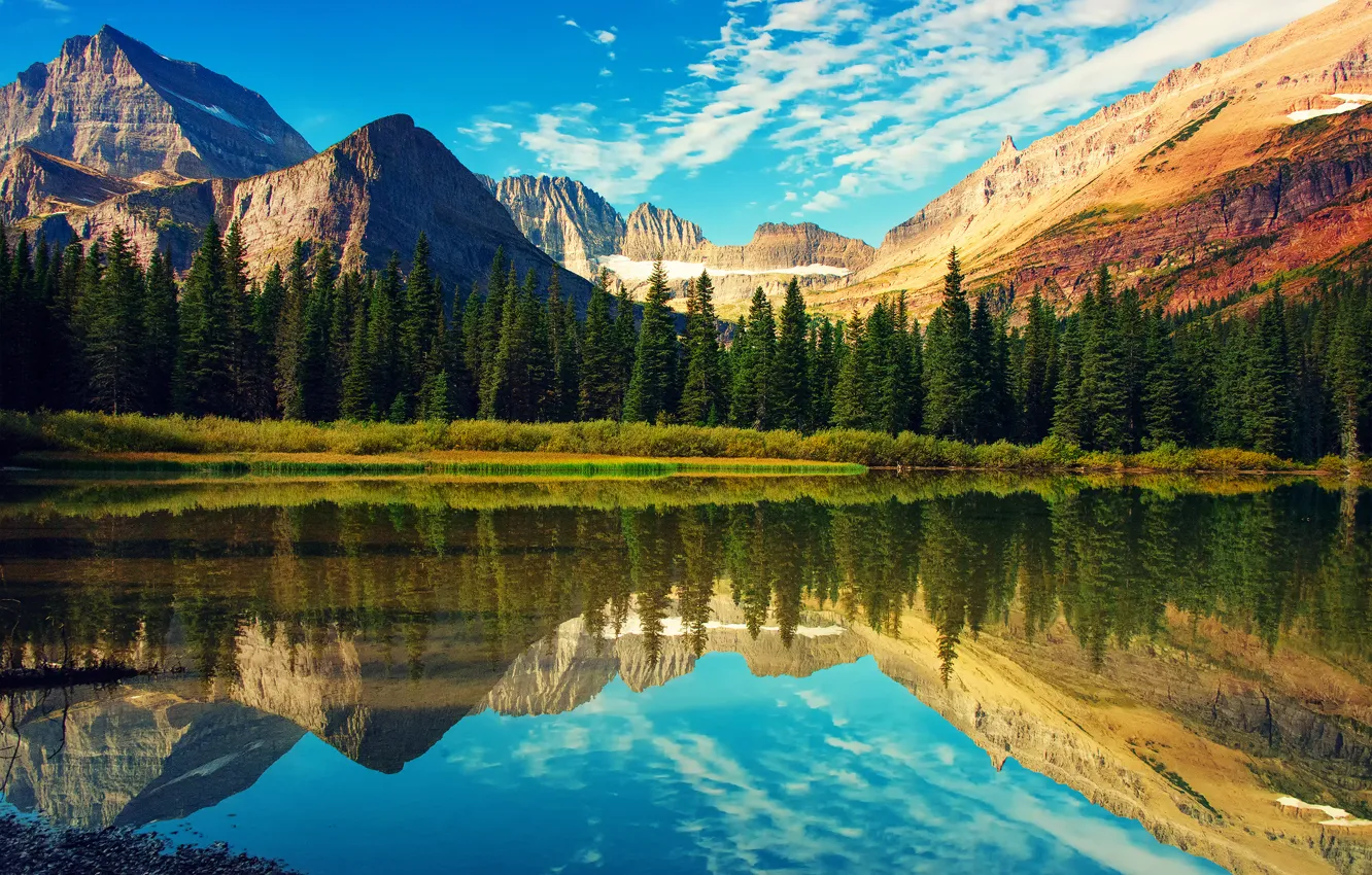 Фото обои лес, небо, отражения, озеро, Скалистые горы, Национальный парк Глейшер, Mount Grinnell