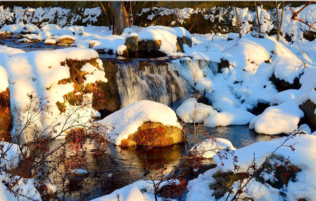 Фото обои Зима, Водопад, Скалы, Снег, Камни, Winter, Snow, Waterfall