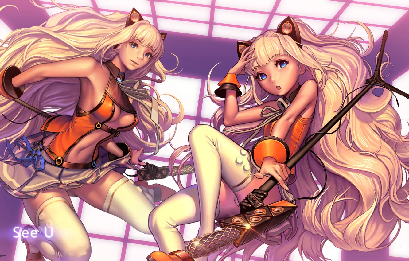 Фото обои девушки, чулки, арт, микрофон, уши, vocaloid, seeu, kakiman