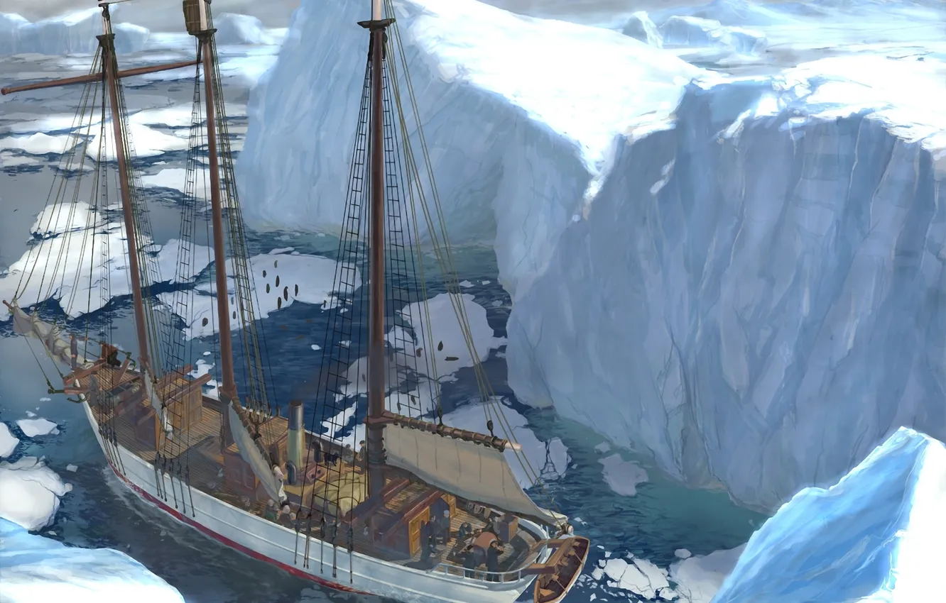 Фото обои холод, корабль, арт, льды, льдины, ran pota