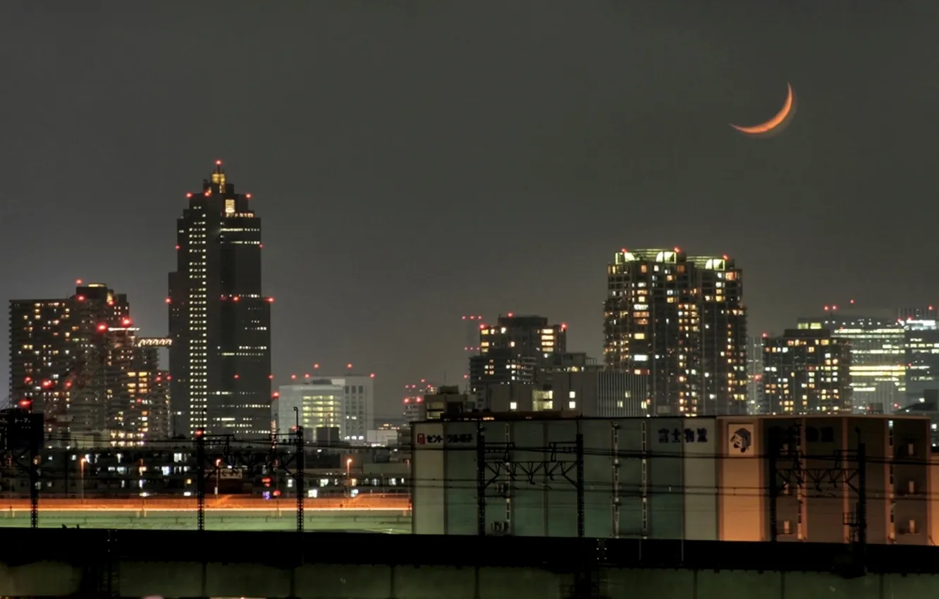 Фото обои ночь, город, Токио, полумесяц