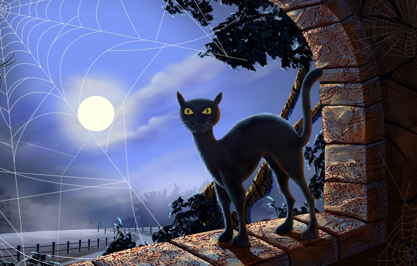 Фото обои ночь, паутина, полнолуние, черный кот, желтые глаза, черная магия
